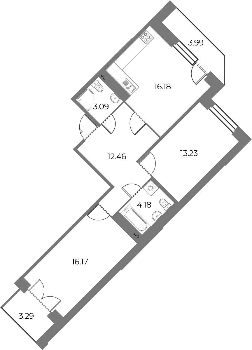 2-комнатная квартира 68.96 м², 3/13 эт., ЖК «Огни Залива»